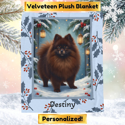 Pomeranian Chocolate custom winter blanket featuring a rich brown Pom in a bright winter lodge scene