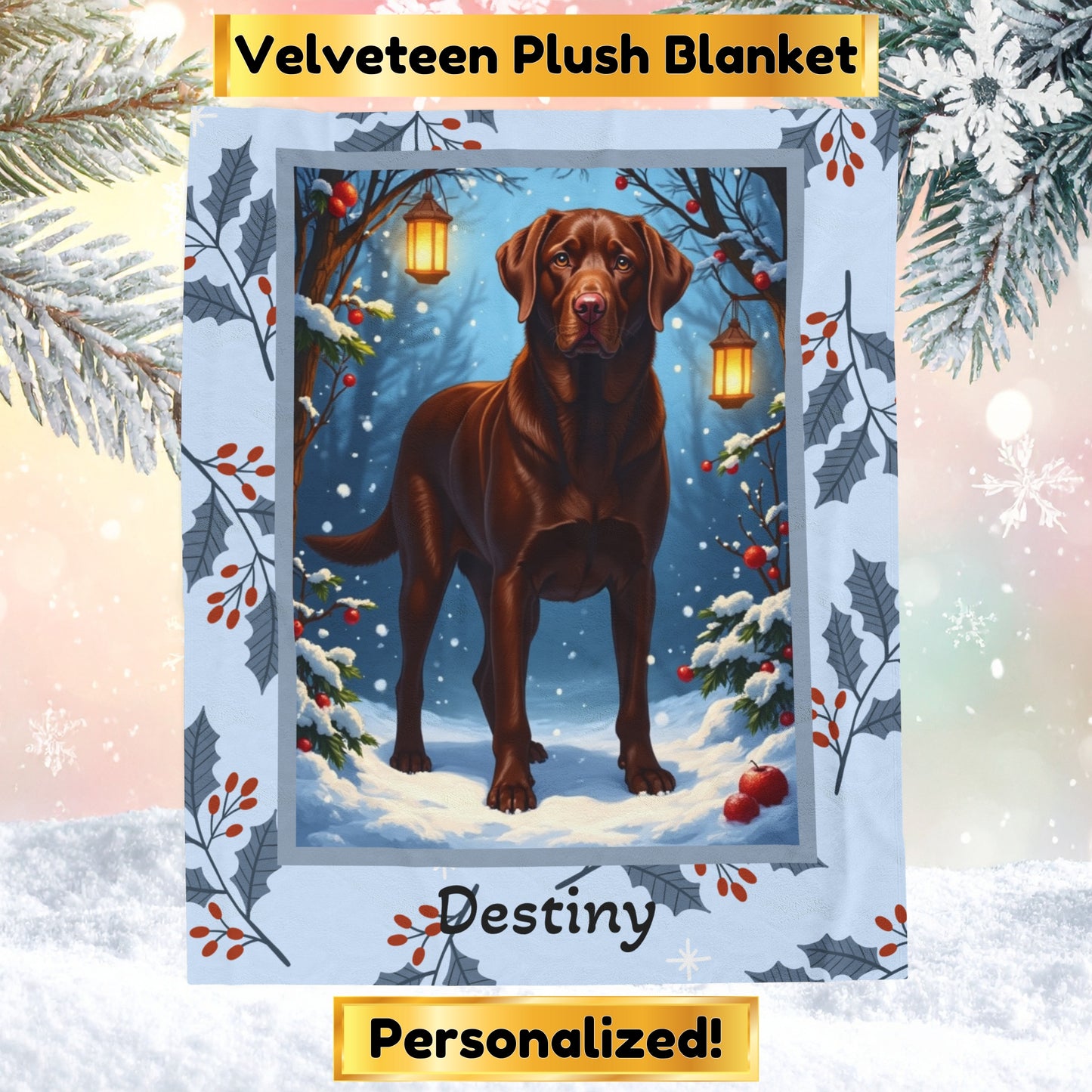 Labrador Retriever Chocolate personalized winter throw with friendly chocolate Lab artwork in a cozy lodge scene