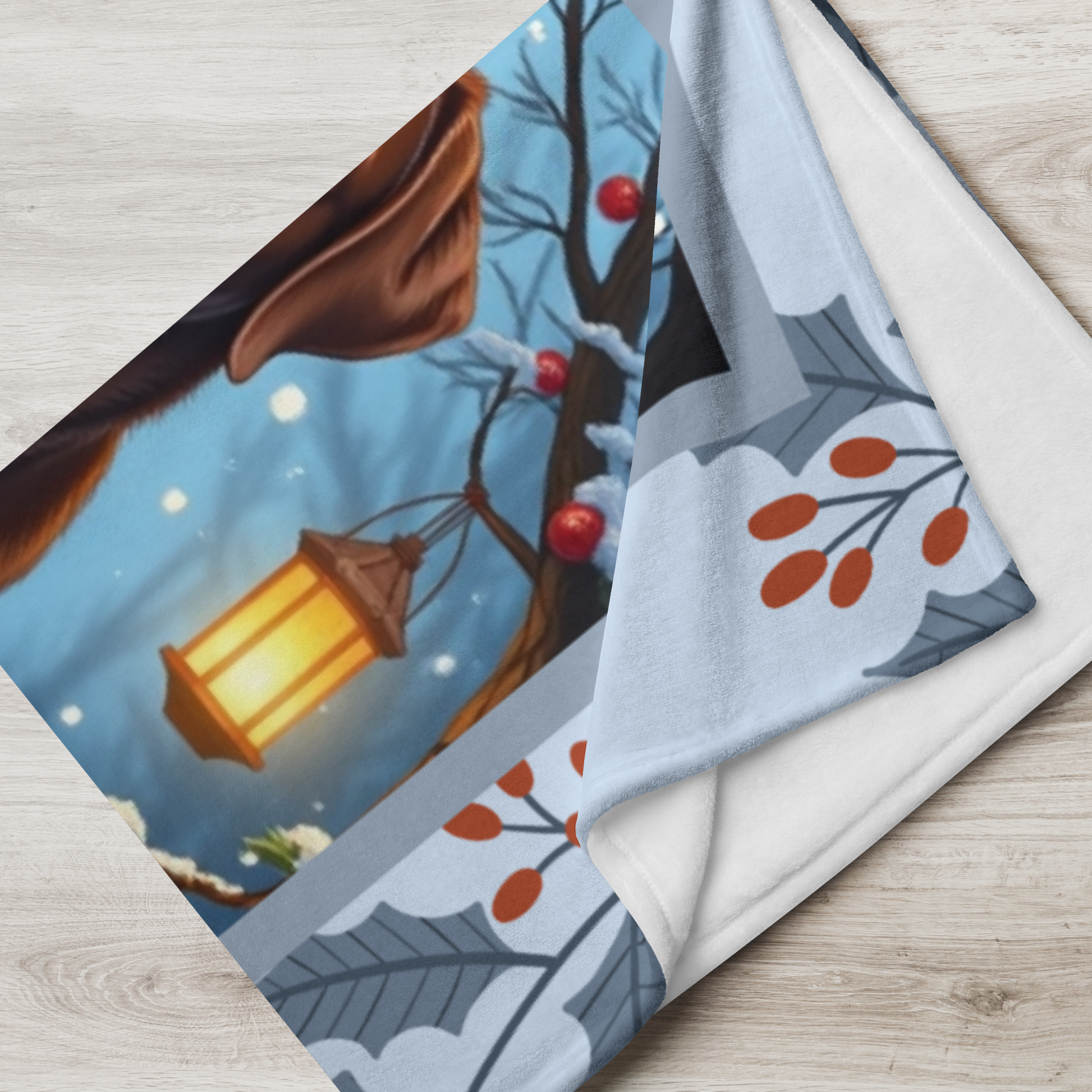Labrador Retriever Chocolate personalized winter throw with friendly chocolate Lab artwork in a cozy lodge scene