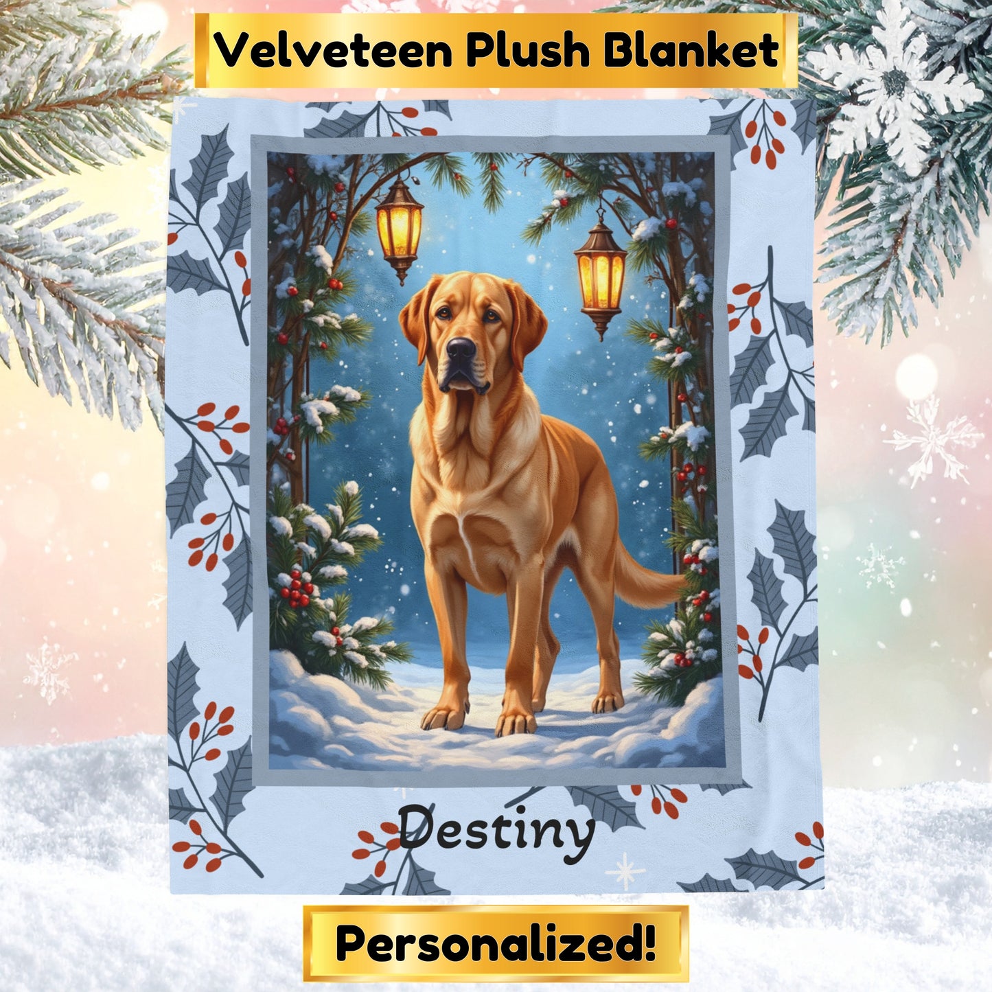Labrador Retriever Yellow personalized winter throw showing a happy yellow Lab in a bright lodge-style scene