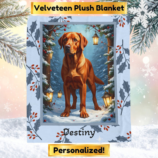 Labrador Retriever Fox Red custom winter blanket featuring a fox red Lab in a glowing winter lodge illustration