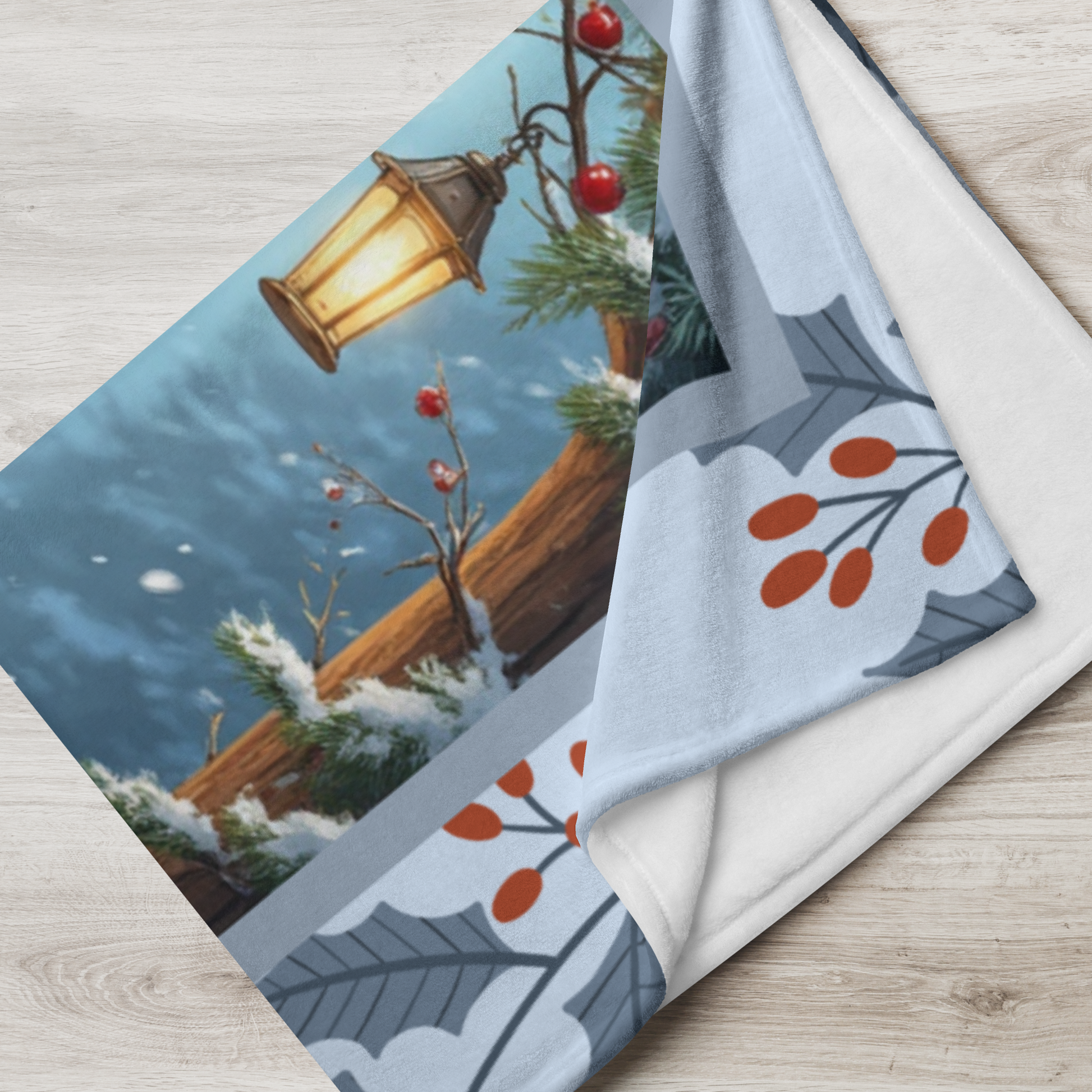 Labrador Retriever Fox Red custom winter blanket featuring a fox red Lab in a glowing winter lodge illustration
