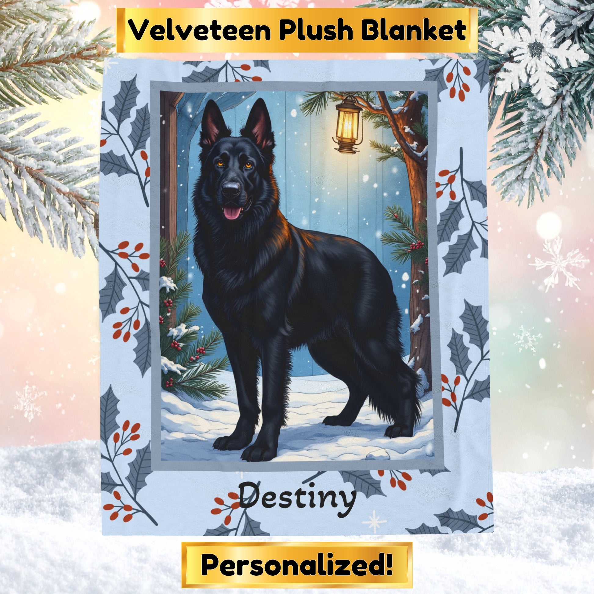 German Shepherd Black custom winter blanket with strong German Shepherd artwork in a cozy snowy lodge scene