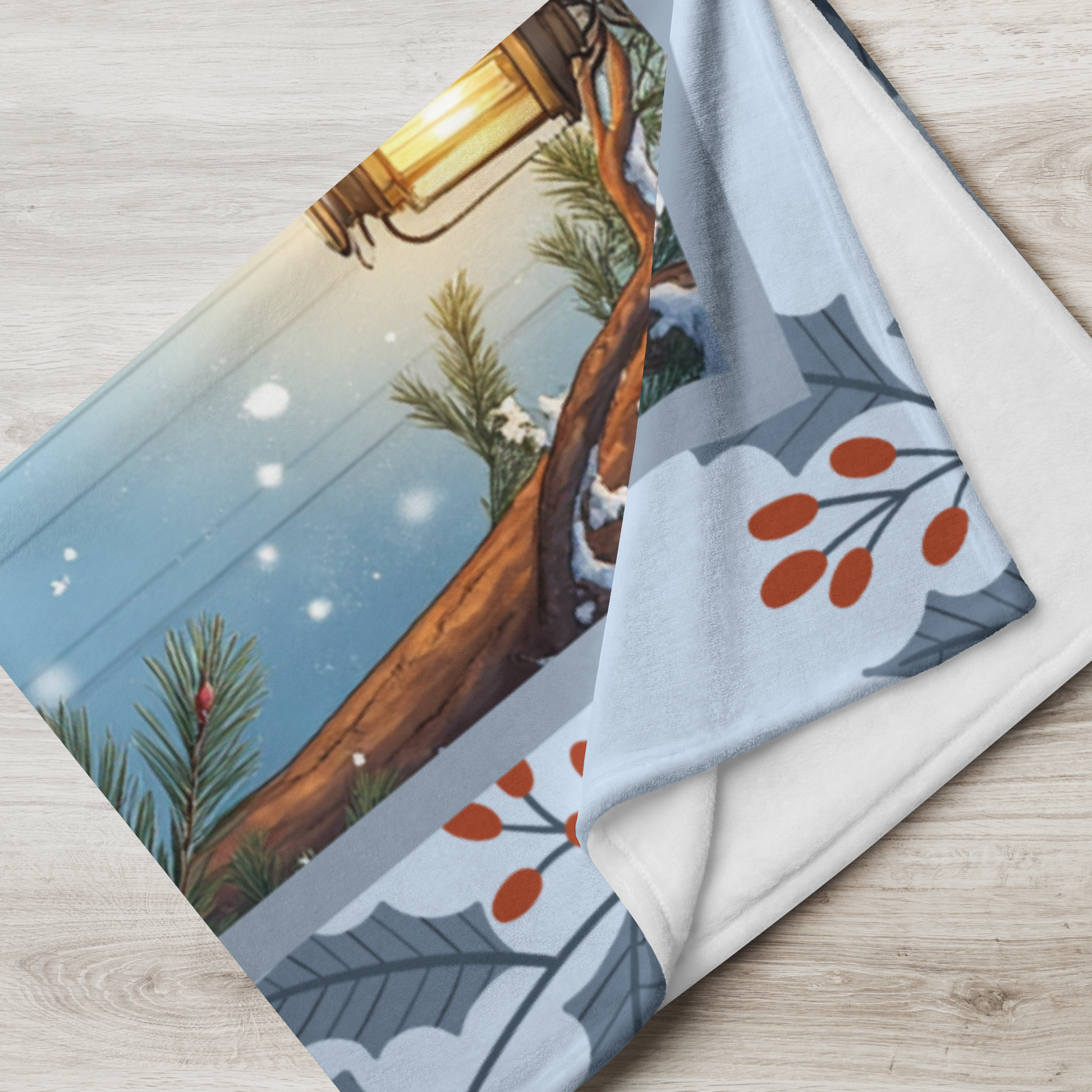 German Shepherd Black custom winter blanket with strong German Shepherd artwork in a cozy snowy lodge scene