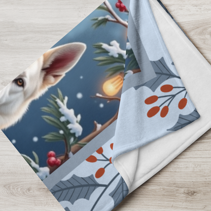 German Shepherd White personalized winter throw featuring a white German Shepherd in a bright lodge winter setting