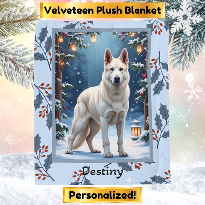 German Shepherd White personalized winter throw featuring a white German Shepherd in a bright lodge winter setting