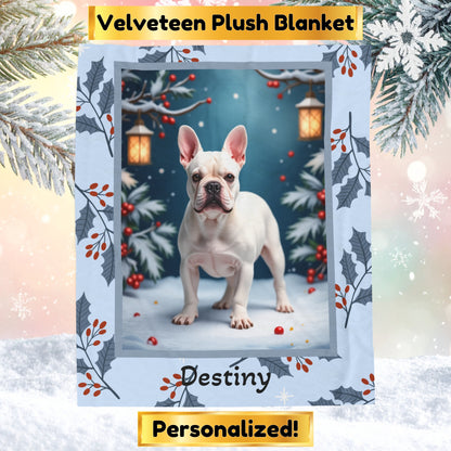 French Bulldog White custom winter blanket featuring a Frenchie in a bright lodge-style winter illustration