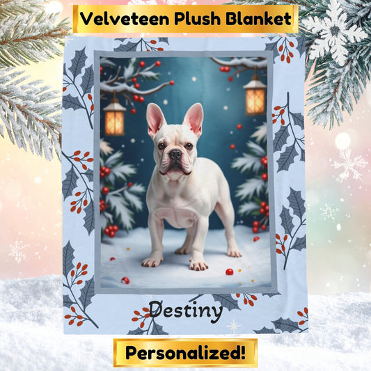 French Bulldog White custom winter blanket featuring a Frenchie in a bright lodge-style winter illustration