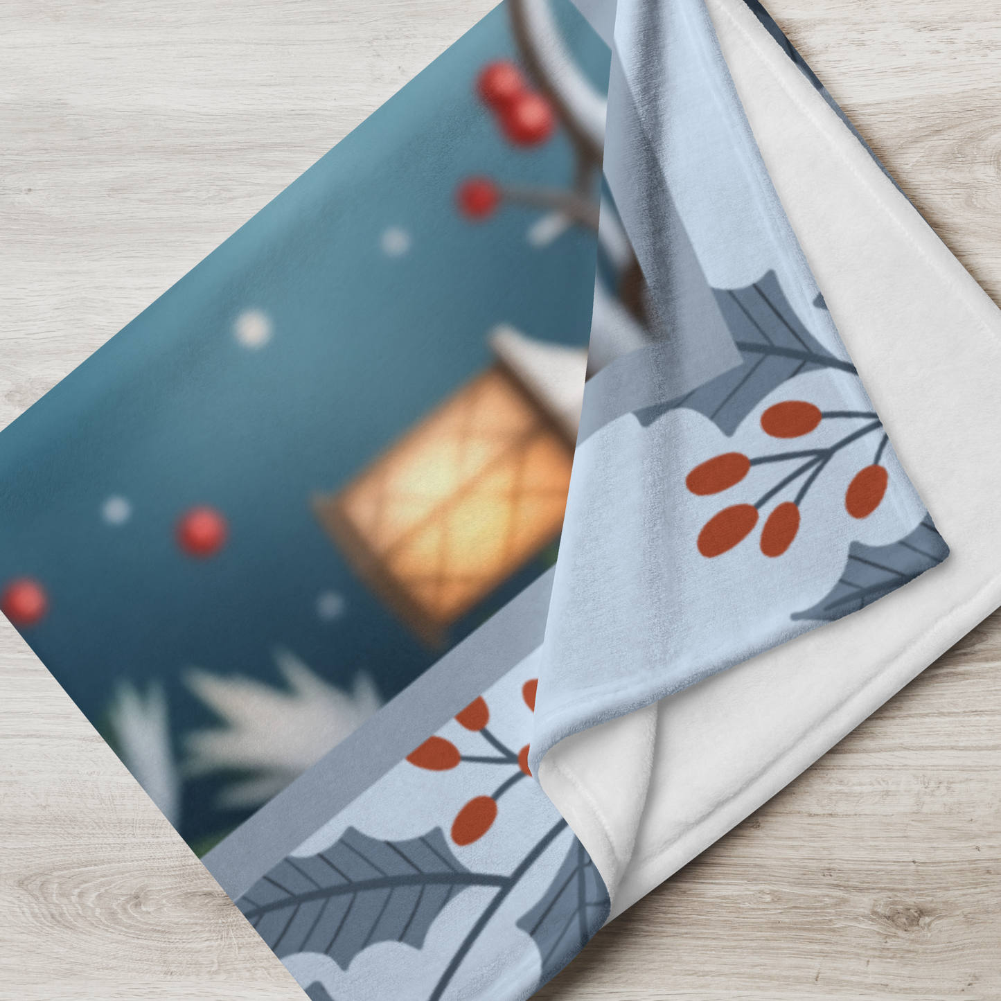 French Bulldog White custom winter blanket featuring a Frenchie in a bright lodge-style winter illustration