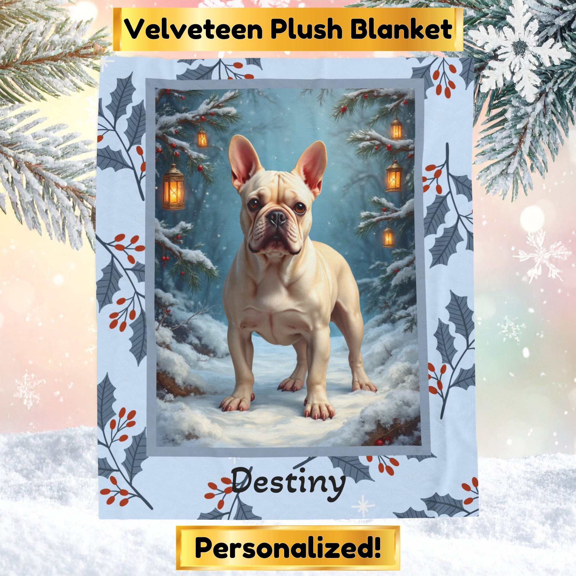 French Bulldog Cream personalized winter throw with soft Frenchie artwork and glowing snow-covered lodge details
