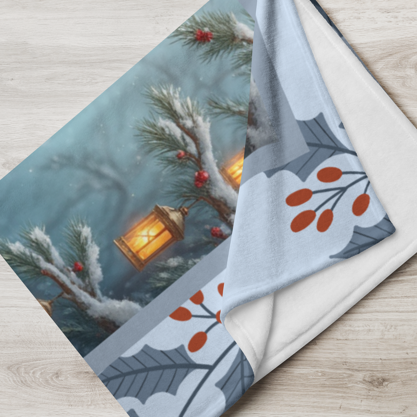 French Bulldog Cream personalized winter throw with soft Frenchie artwork and glowing snow-covered lodge details