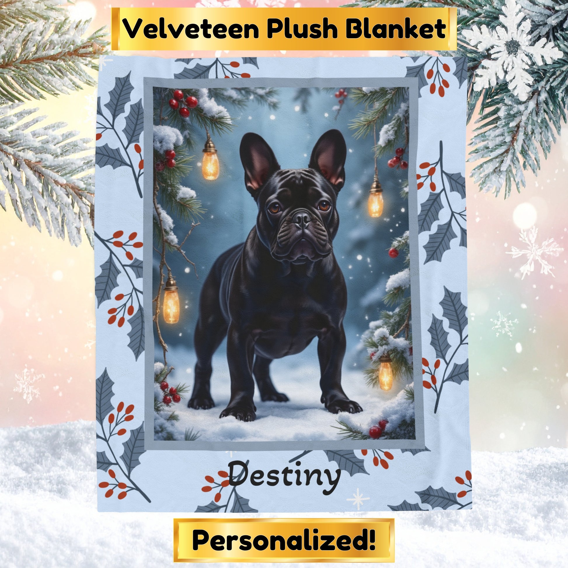 French Bulldog Black custom winter blanket featuring a charming Frenchie in a bright cozy lodge-style winter scene