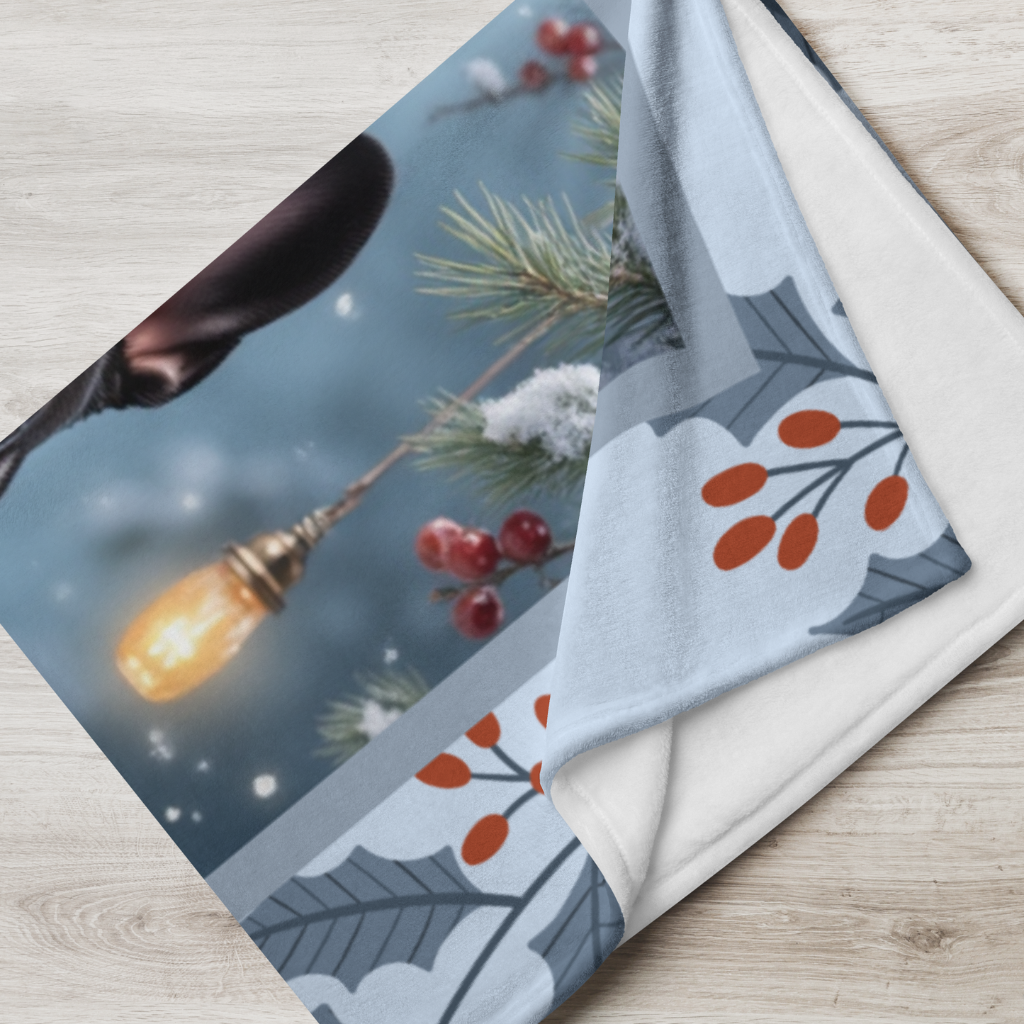 French Bulldog Black custom winter blanket featuring a charming Frenchie in a bright cozy lodge-style winter scene