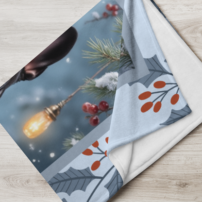 French Bulldog Black custom winter blanket featuring a charming Frenchie in a bright cozy lodge-style winter scene