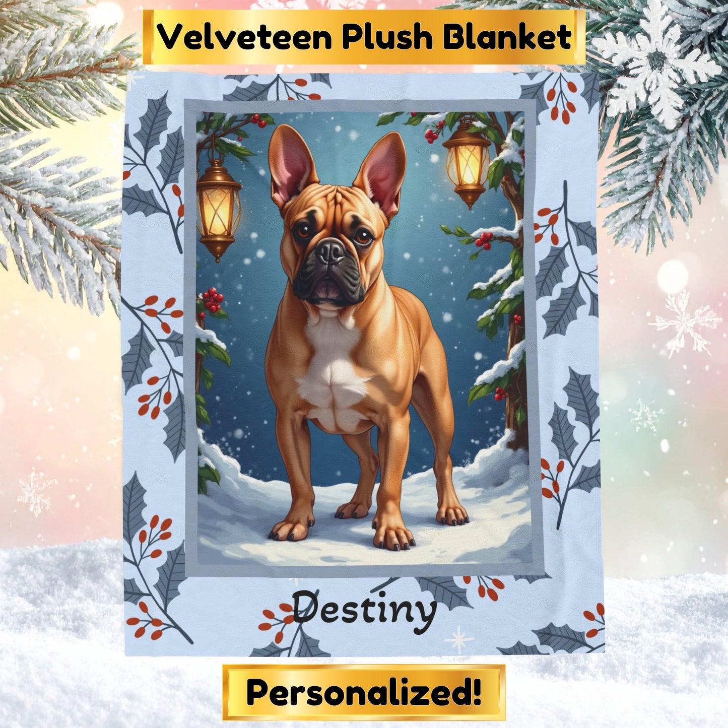 French Bulldog Fawn custom winter blanket showing a French Bulldog in a cheerful illustrated winter lodge setting