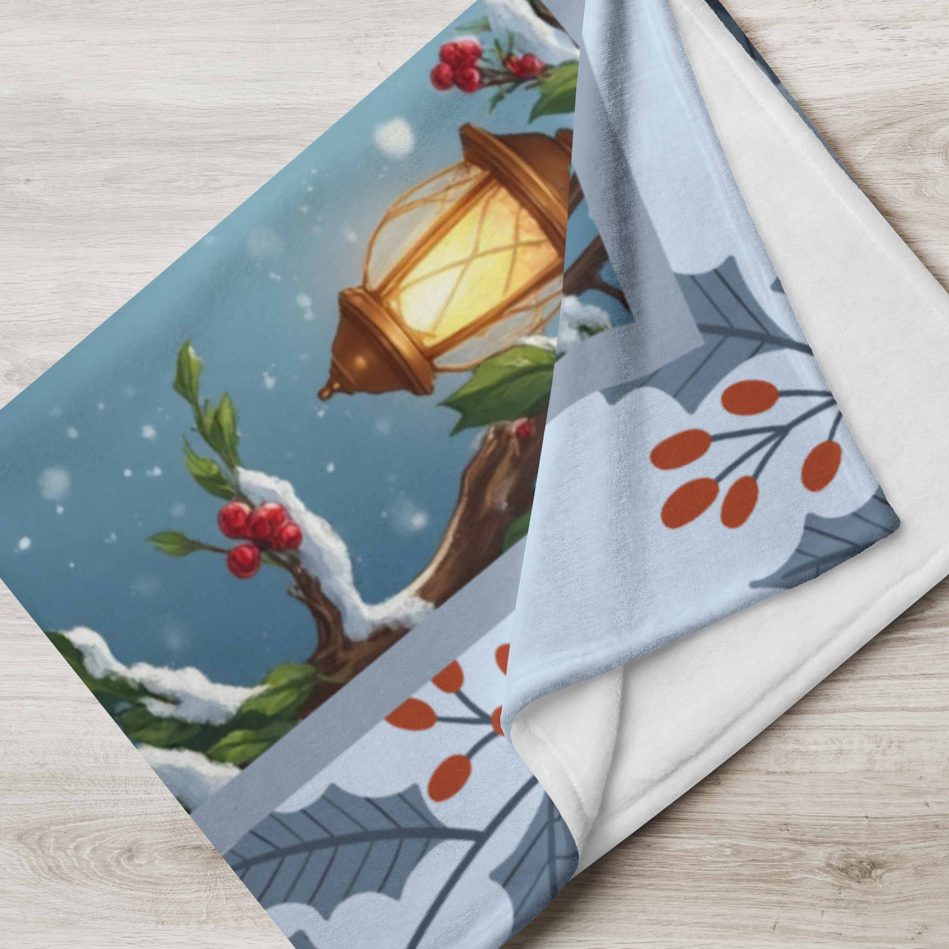 French Bulldog Fawn custom winter blanket showing a French Bulldog in a cheerful illustrated winter lodge setting
