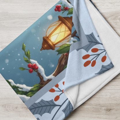 French Bulldog Fawn custom winter blanket showing a French Bulldog in a cheerful illustrated winter lodge setting