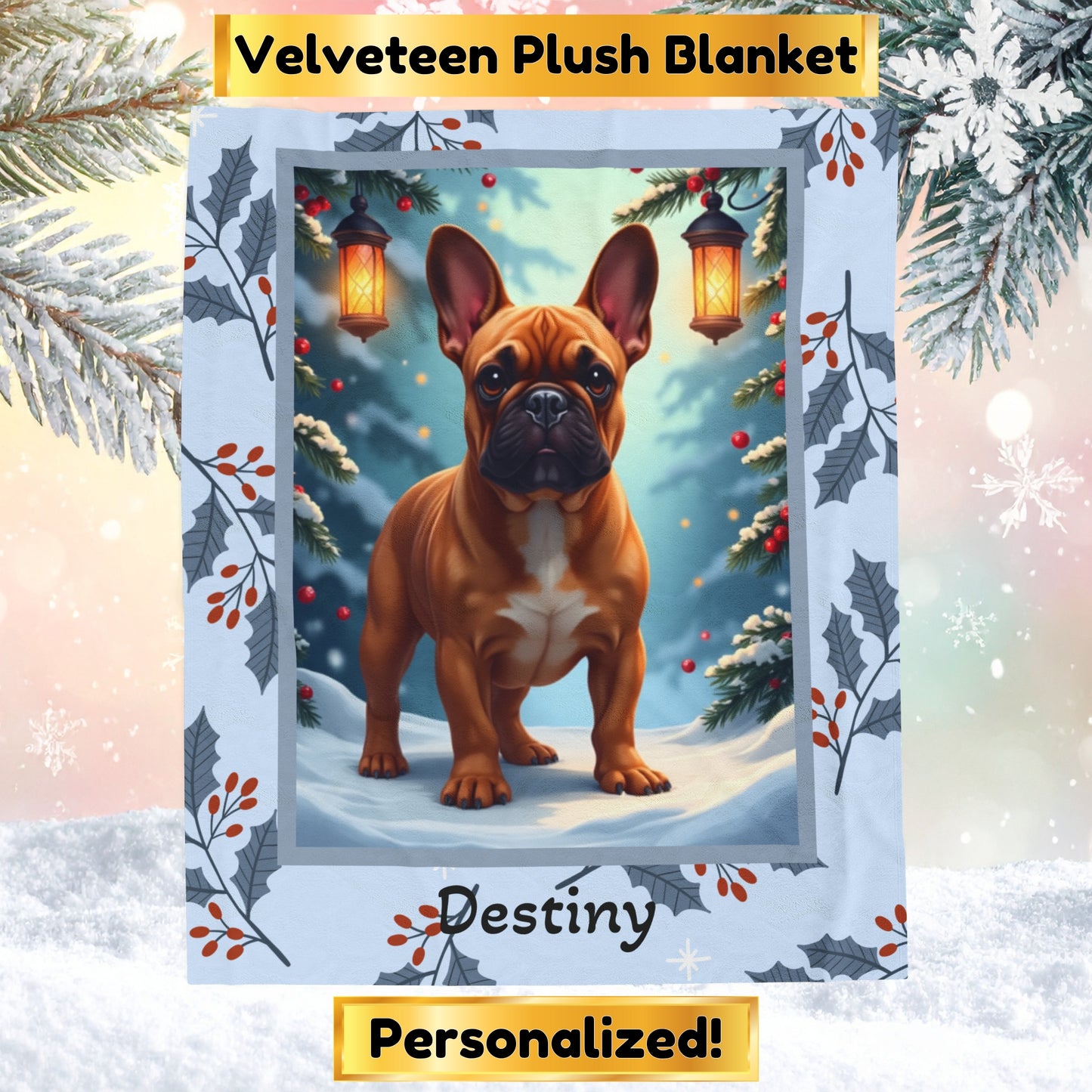 French Bulldog Red Fawn personalized winter throw with adorable Frenchie art and festive snowy lodge background
