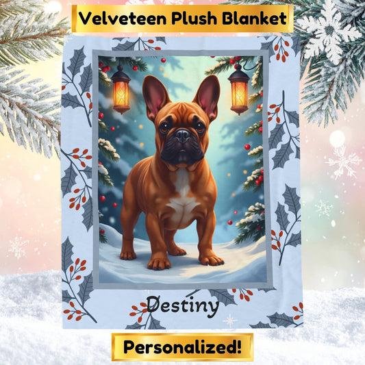French Bulldog Red Fawn personalized winter throw with adorable Frenchie art and festive snowy lodge background