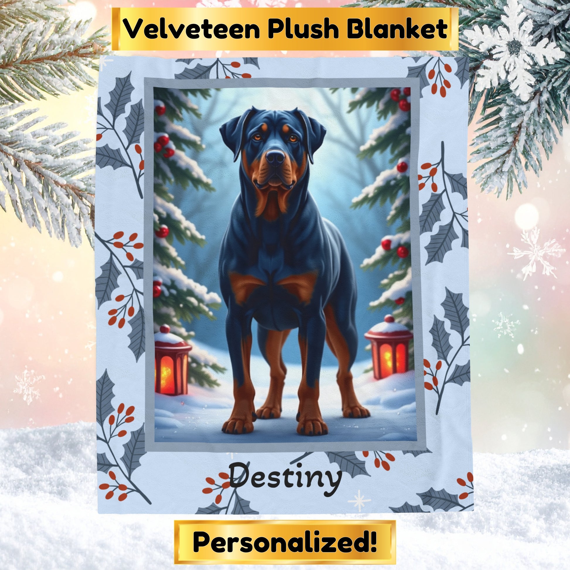 Rottweiler Blue custom winter blanket featuring a strong blue Rottweiler in a cozy lodge-style winter scene