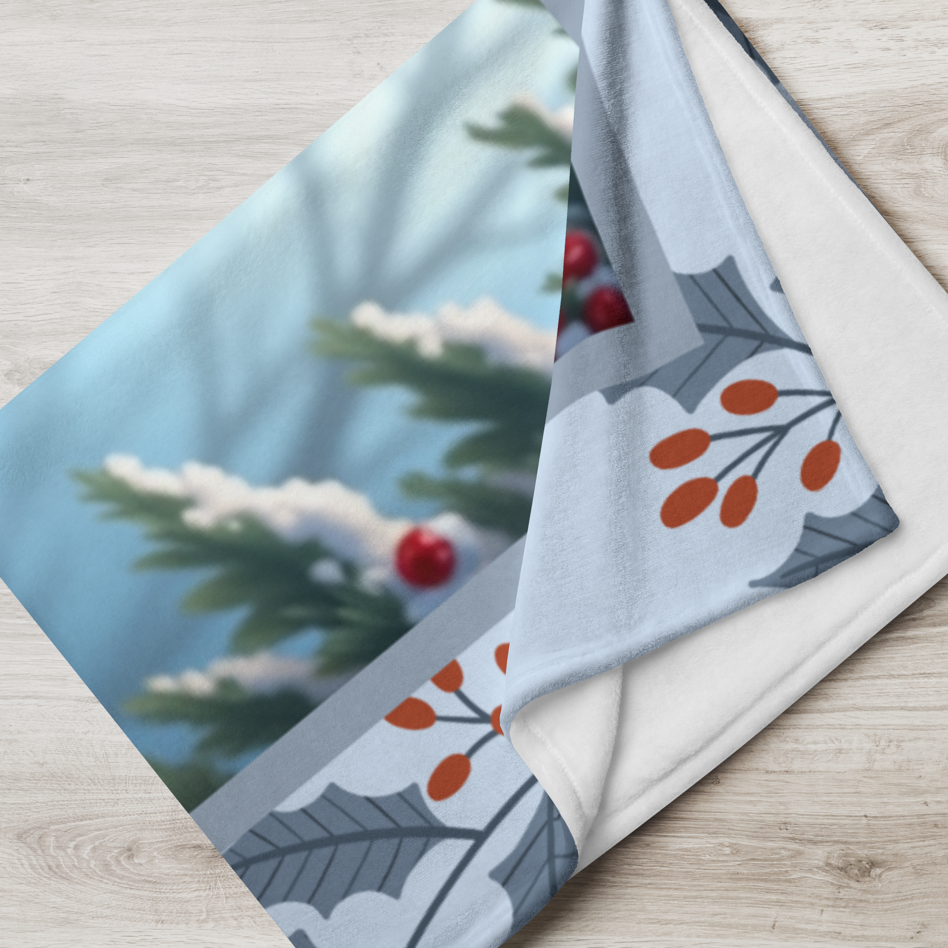 Rottweiler Blue custom winter blanket featuring a strong blue Rottweiler in a cozy lodge-style winter scene