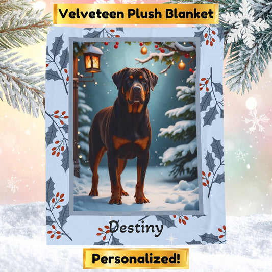 Rottweiler Chocolate personalized winter throw with a rich chocolate Rottweiler illustrated in a bright lodge setting