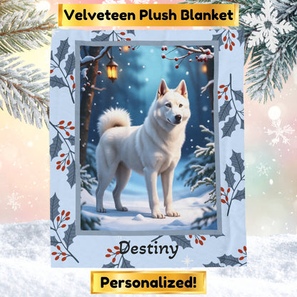 Husky White custom winter blanket showing a white Husky in a bright cheerful lodge winter illustration
