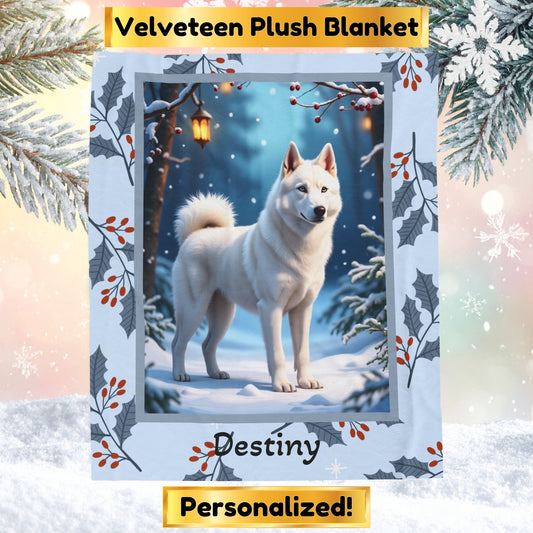 Husky White custom winter blanket showing a white Husky in a bright cheerful lodge winter illustration