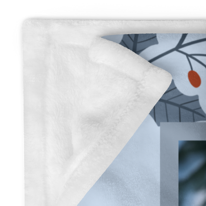 Husky White custom winter blanket showing a white Husky in a bright cheerful lodge winter illustration