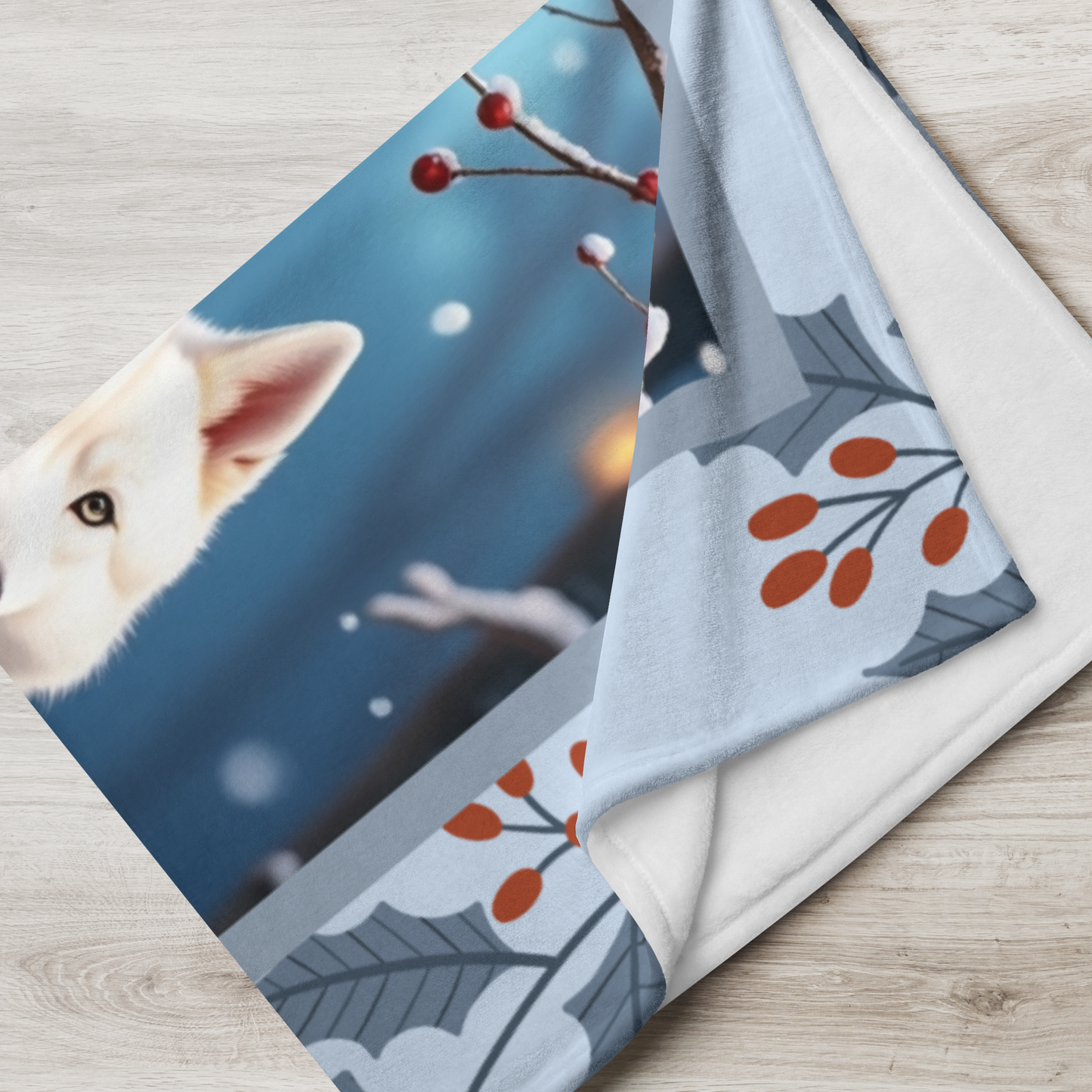 Husky White custom winter blanket showing a white Husky in a bright cheerful lodge winter illustration