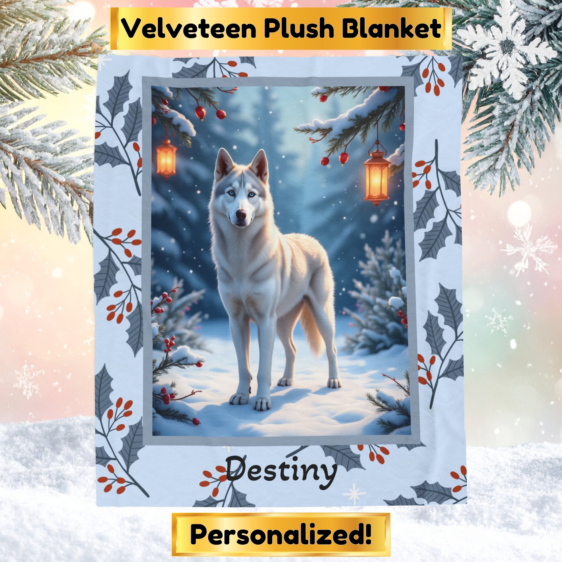 Husky Silver personalized winter throw with silver Husky artwork and glowing snowy lodge décor