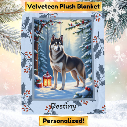 Husky Wolf Grey personalized winter throw featuring a wolf-grey Husky in a cozy illustrated lodge scene