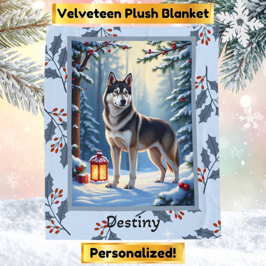 Husky Wolf Grey personalized winter throw featuring a wolf-grey Husky in a cozy illustrated lodge scene