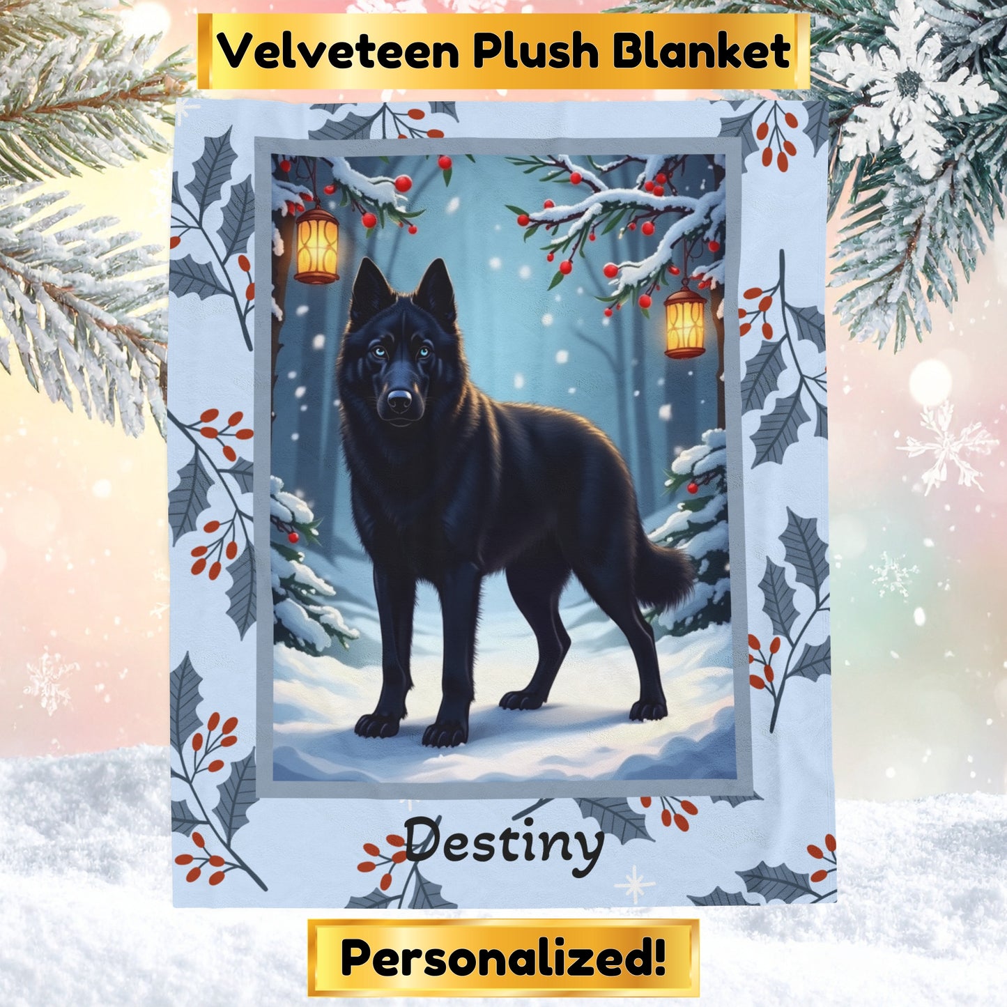 Husky Black custom winter blanket featuring a noble Husky standing in a bright illustrated winter lodge scene