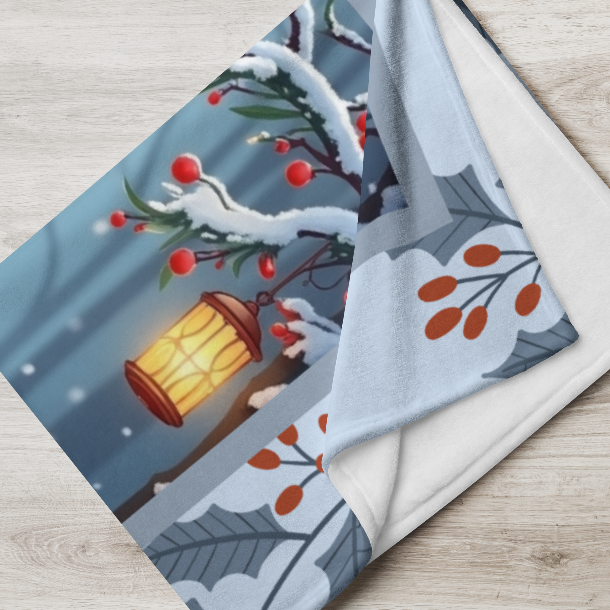 Husky Black custom winter blanket featuring a noble Husky standing in a bright illustrated winter lodge scene