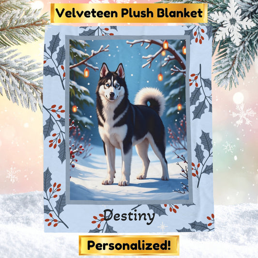 Husky Black and White personalized winter throw with striking Husky artwork and glowing snowy lodge background