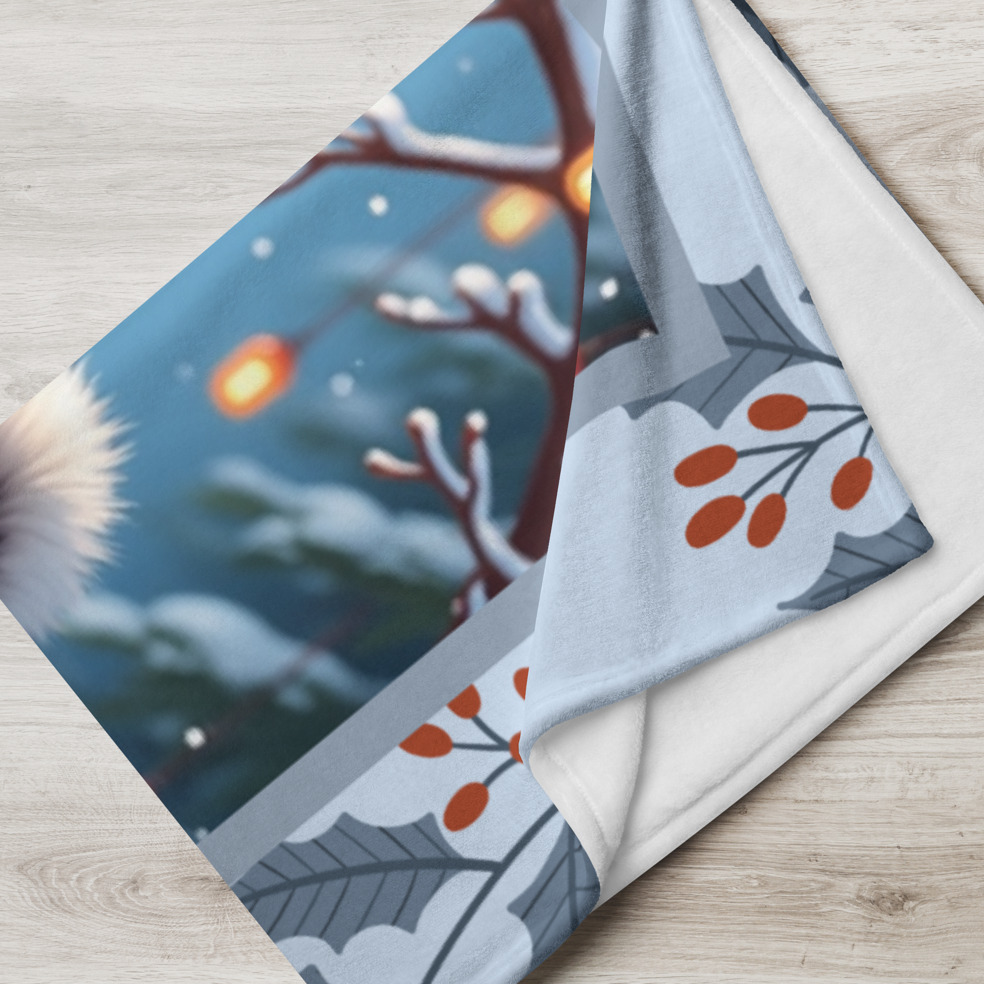 Husky Black and White personalized winter throw with striking Husky artwork and glowing snowy lodge background