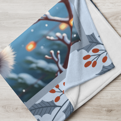 Husky Black and White personalized winter throw with striking Husky artwork and glowing snowy lodge background