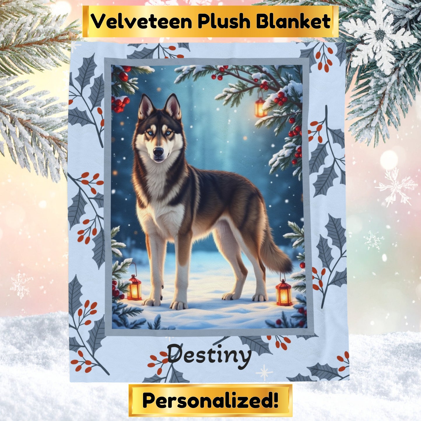 Husky Agouti and White custom winter blanket featuring an Arctic Husky in a bright cozy lodge-style scene