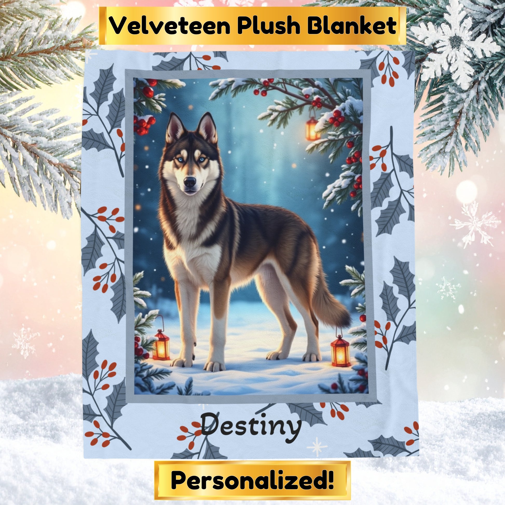 Husky Agouti and White custom winter blanket featuring an Arctic Husky in a bright cozy lodge-style scene