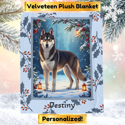 Husky Agouti and White custom winter blanket featuring an Arctic Husky in a bright cozy lodge-style scene