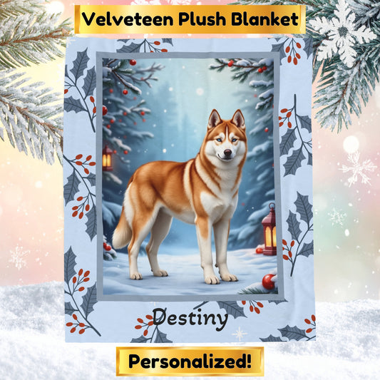 Husky Sable and White custom winter blanket featuring a Husky in a crisp illustrated lodge-style winter scene