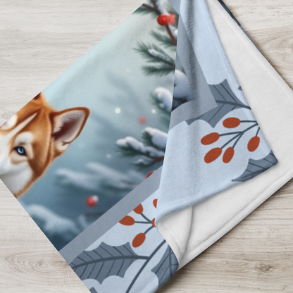 Husky Sable and White custom winter blanket featuring a Husky in a crisp illustrated lodge-style winter scene