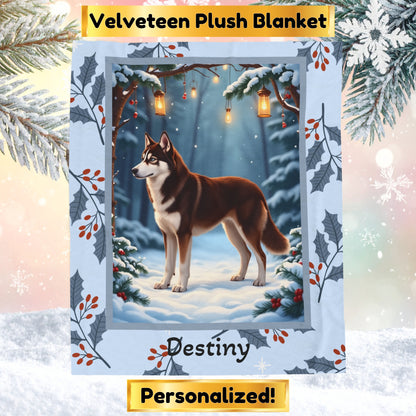 Husky Chocolate Red personalized winter throw with warm-toned Husky art in a cozy snowy lodge illustration