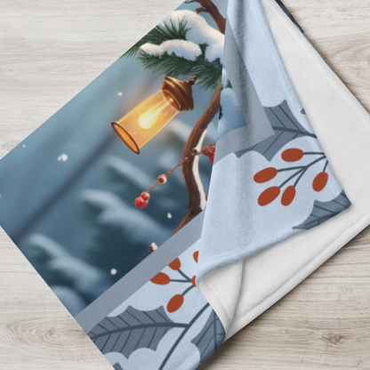 Husky Chocolate Red personalized winter throw with warm-toned Husky art in a cozy snowy lodge illustration