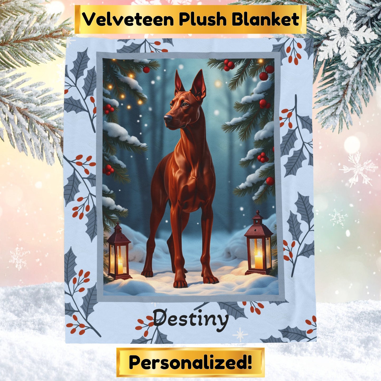 Doberman Red custom winter dog blanket featuring a Doberman standing in a bright snowy lodge-style illustration