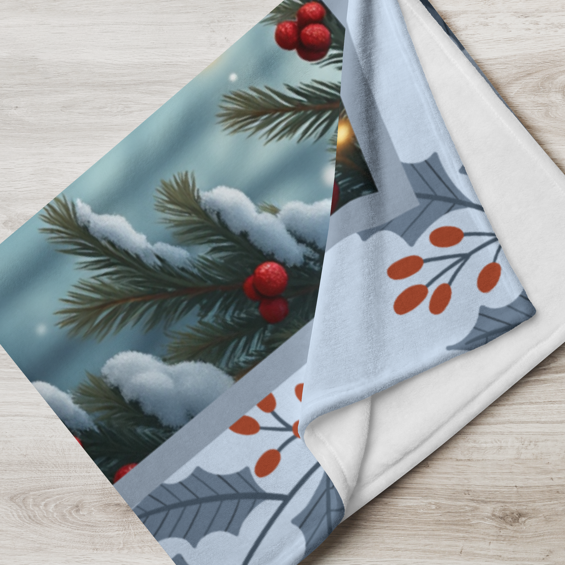 Doberman Red custom winter dog blanket featuring a Doberman standing in a bright snowy lodge-style illustration