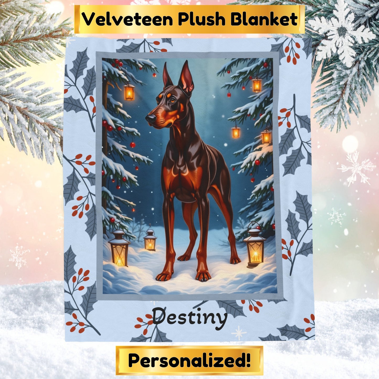 Doberman Red and Rust personalized winter blanket with bold Doberman art and cozy glowing winter lodge details