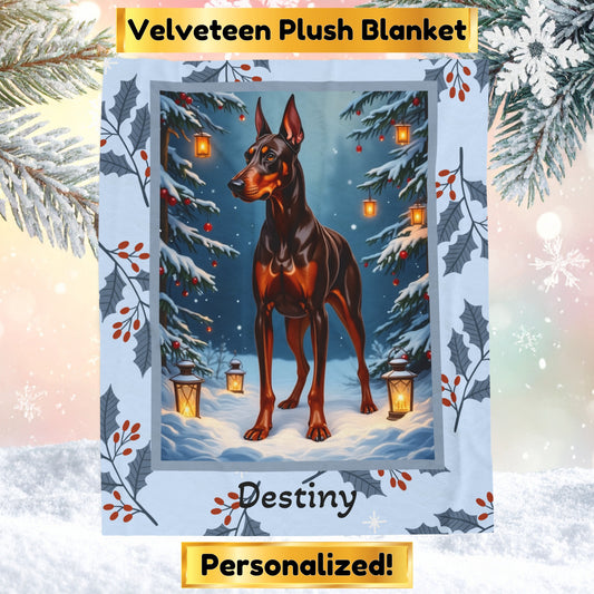 Doberman Red and Rust personalized winter blanket with bold Doberman art and cozy glowing winter lodge details