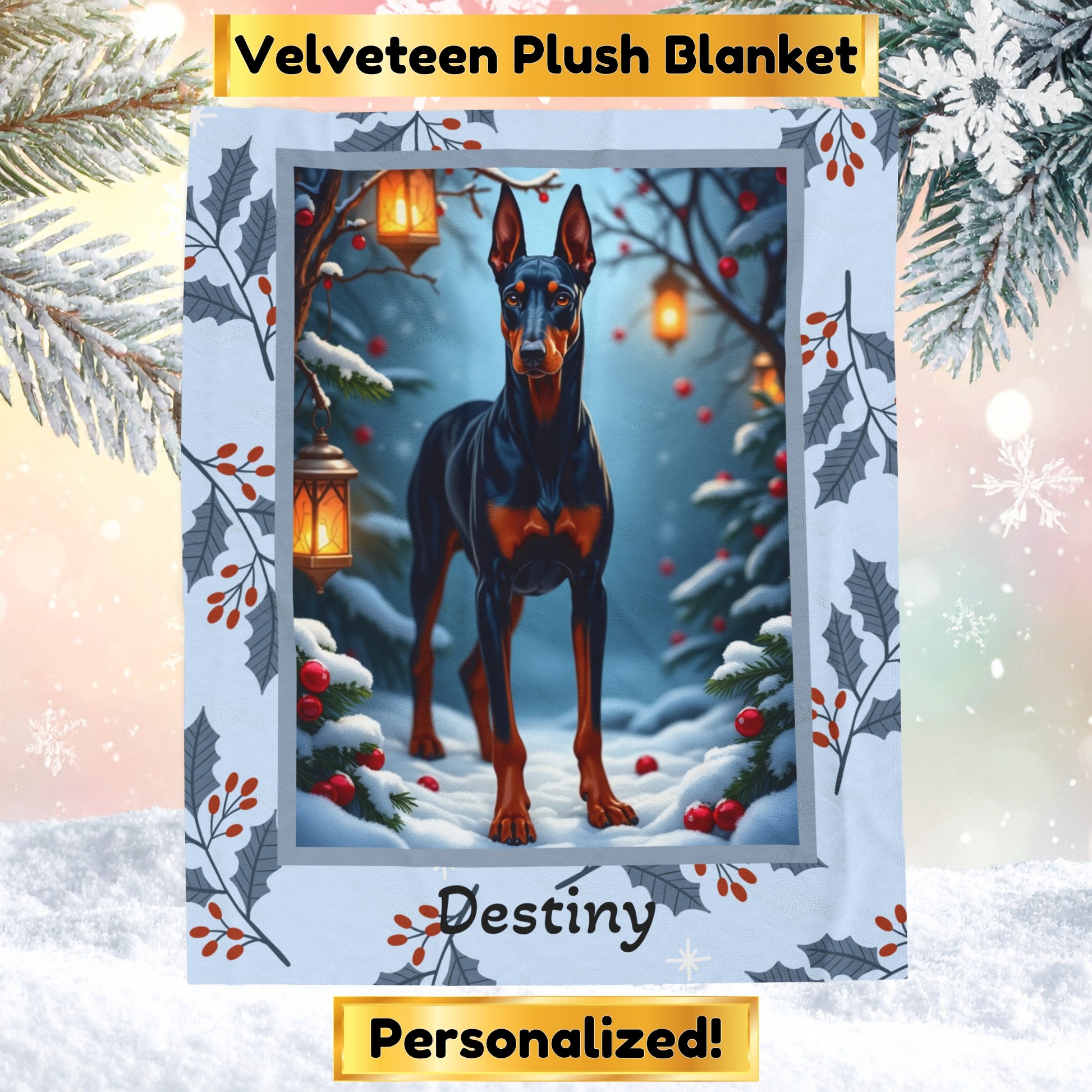 Doberman Blue and Rust personalized winter dog blanket with elegant Doberman artwork and bright snowy lodge scenery